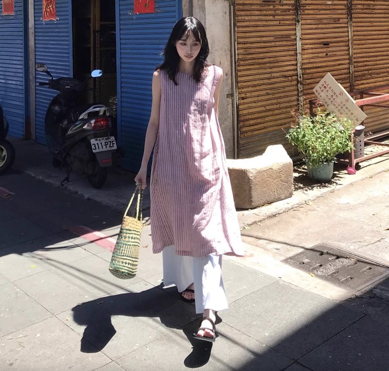 粉色撞色条纹 亚麻背心连身裙 可客製 - 洋装/连衣裙 - 其他材质 粉红色