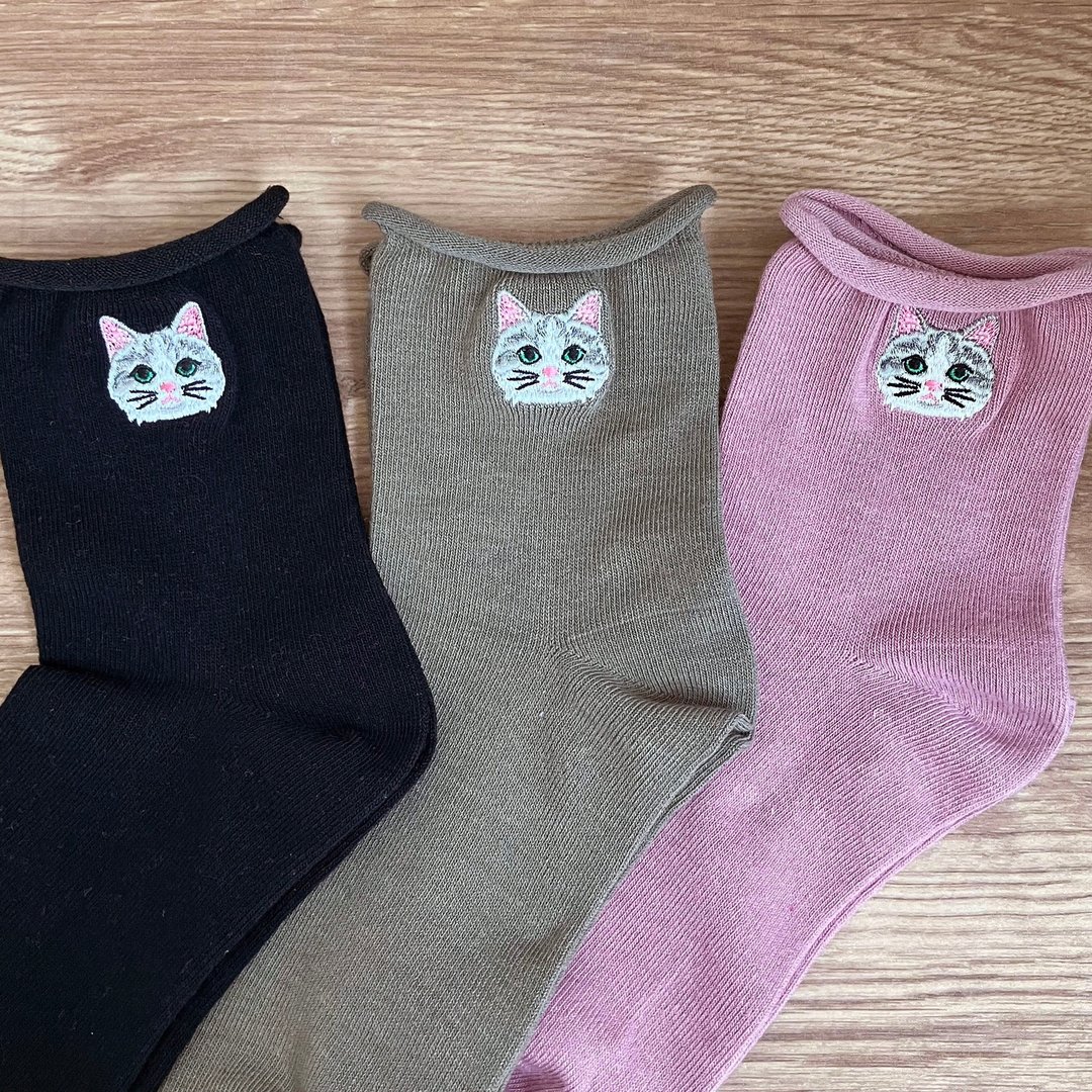 Cat ankle socks【nyaigs】Gray & White bicolor Cat _3P set - 袜子 - 棉 黑色
