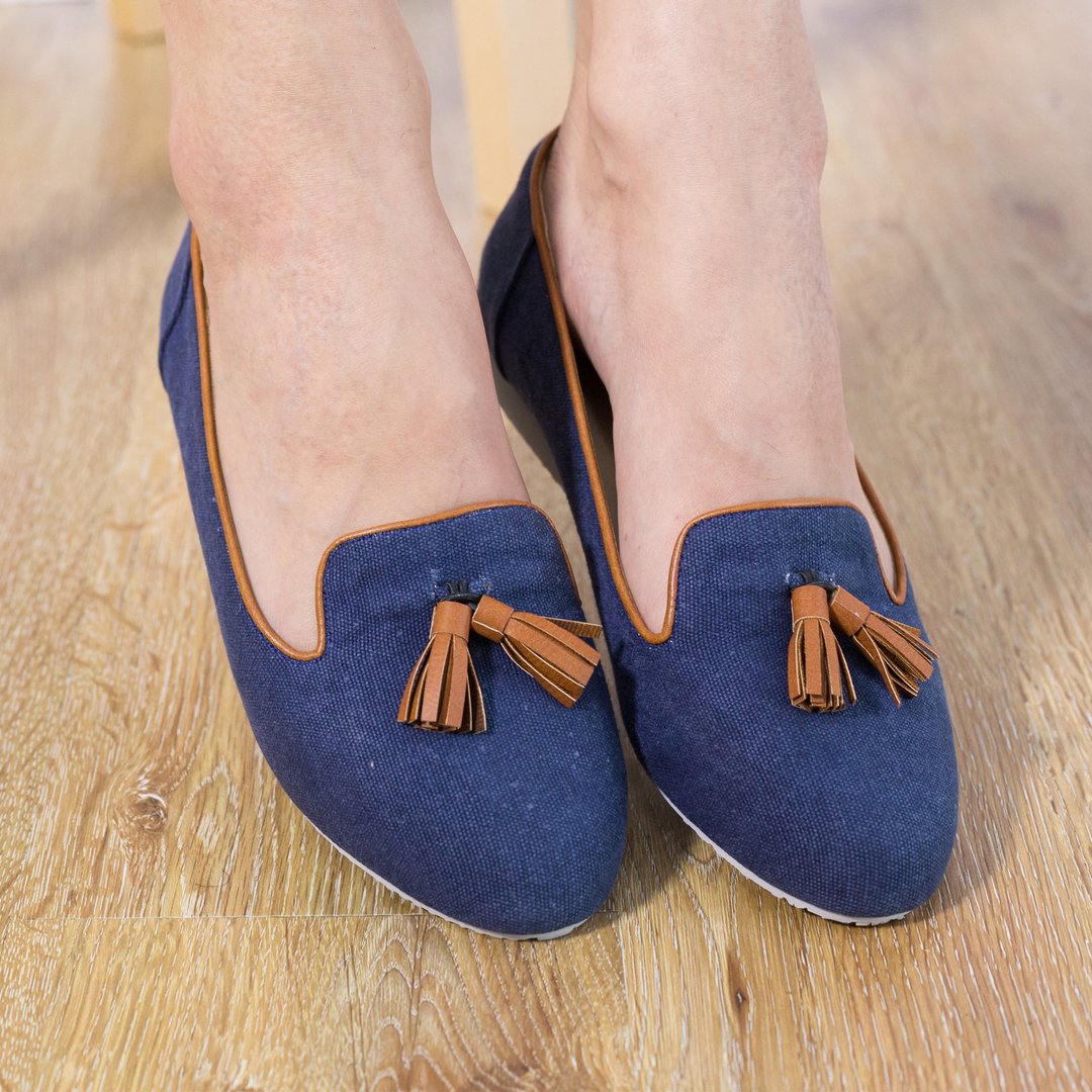 Loafer canvas arch support natural rubber sole shoe removable tassel - 女款休闲鞋 - 其他材质 蓝色