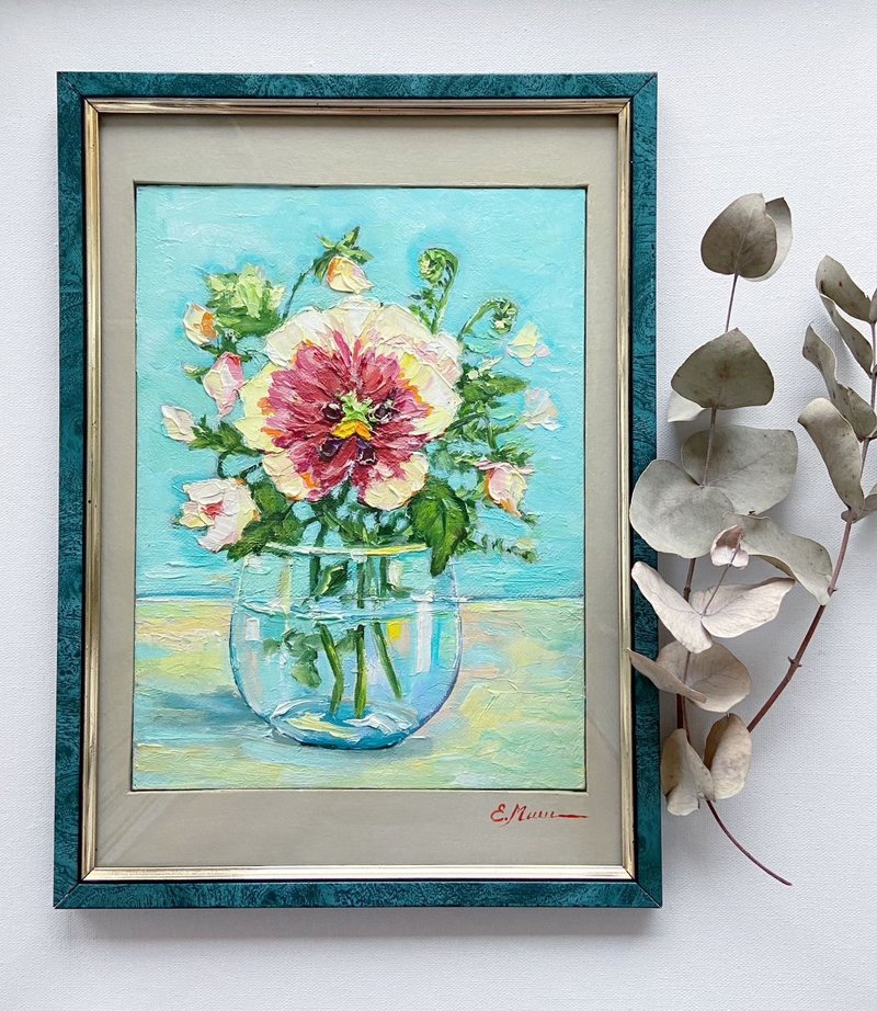 玻璃花瓶中的三色紫罗兰油画花卉绘画野兽派艺术马蒂斯的灵感 - 墙贴/壁贴 - 其他材质 粉红色