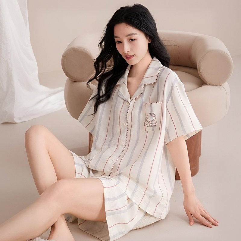 Pink Lady 加大码 成套睡衣 云雾条纹 条纹云朵棉睡衣 居家服 - 居家服/睡衣 - 其他人造纤维 白色