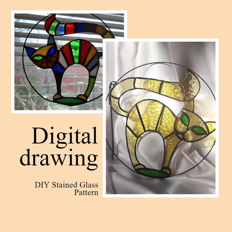Digital Download/ Funny Cat Suncatcher/ Stained Glass Pattern/ PDF file/ DIY - 陶艺 - 琉璃 多色