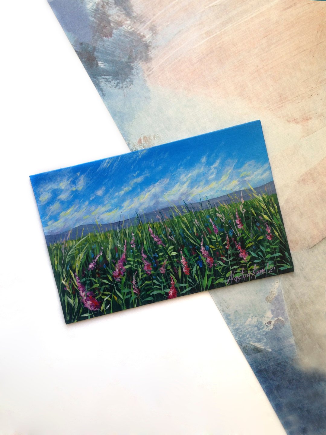 The flower field landscape. Small landscape. Flower painting. Blooming field. - 海报/装饰画/版画 - 其他金属 绿色
