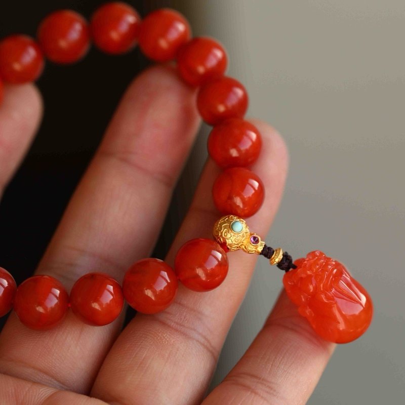 11mm天然川料南红玛瑙 纯银葫芦三通南红貔貅设计单圈手串s - 手链/手环 - 半宝石 红色
