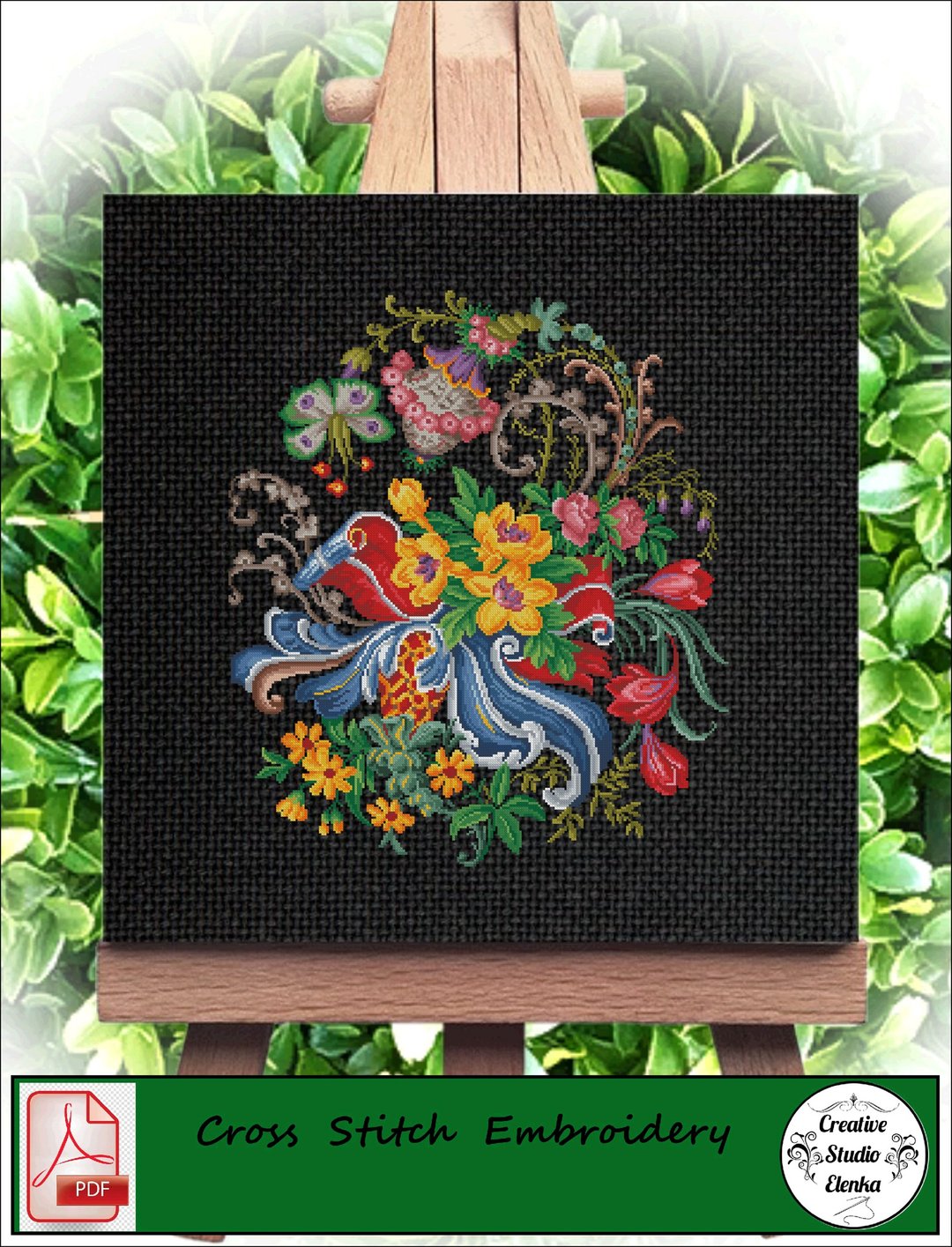 Vintage Cross Stitch Scheme Bouquet and butterfly - PDF Embroidery Scheme - 编织/刺绣/羊毛毡/裁缝 - 其他材质 