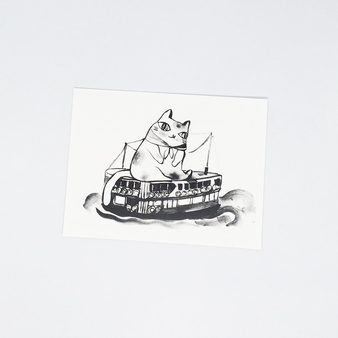 <<猫咪搭渡轮 >>- 香港风景手绘插画明信片 - 卡片/明信片 - 纸 白色