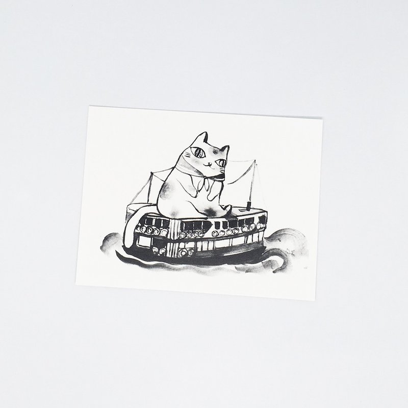 <<猫咪搭渡轮 >>- 香港风景手绘插画明信片 - 卡片/明信片 - 纸 白色