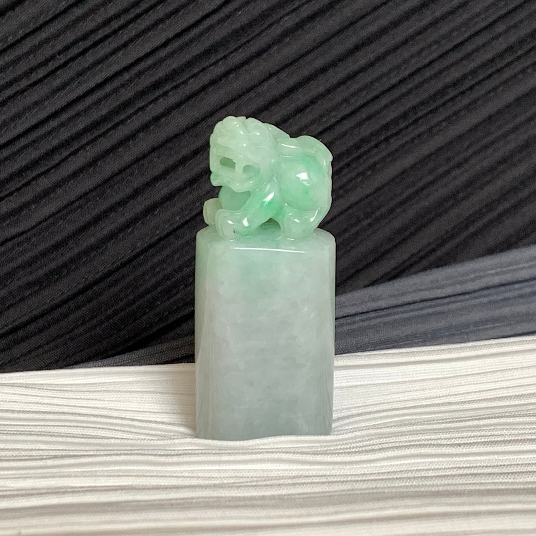 天然 翡翠玉印 豆绿 开运印鉴 招财貔貅印章 椭圆 免费开光 - 印章/印台 - 玉石 绿色