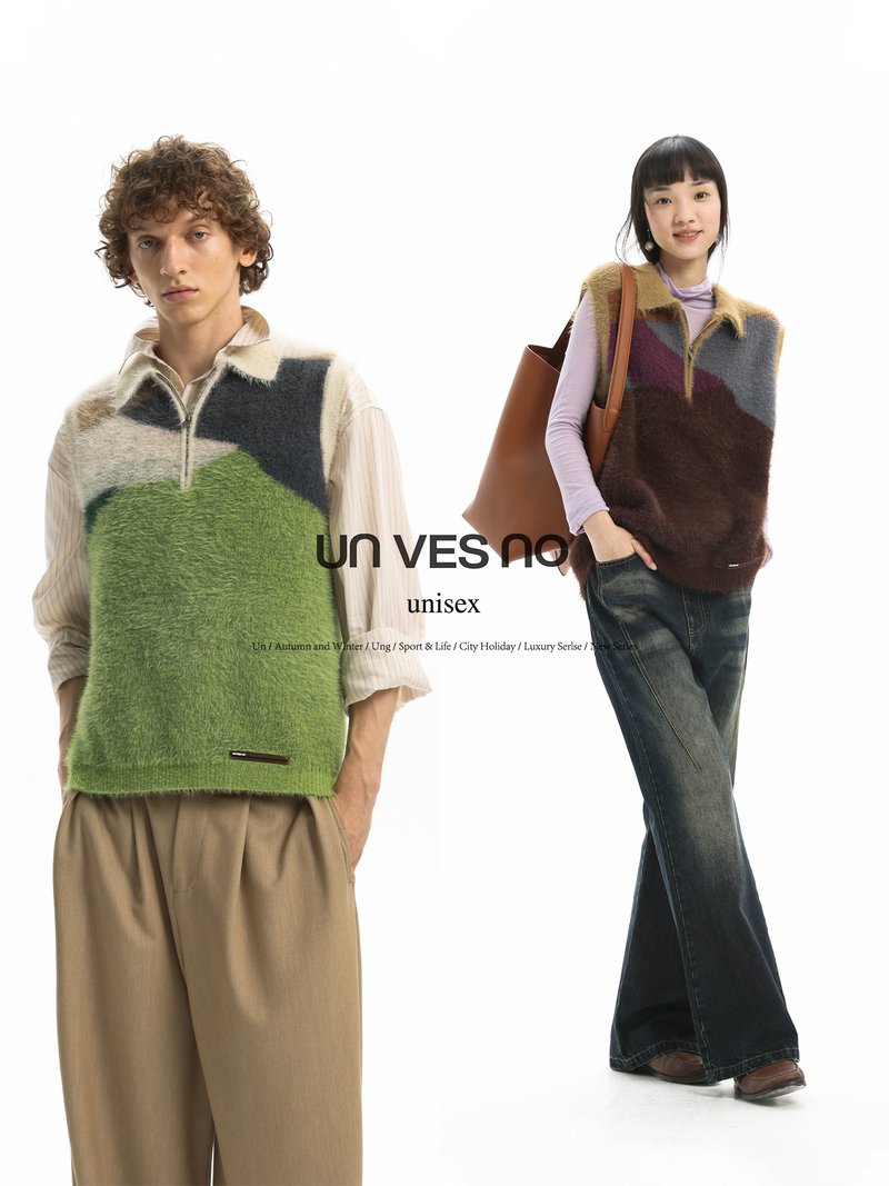 【柔软仿貂毛】Unvesno (UN)山水感多色溅落色系拉链毛衣POLO马甲 - 男装针织衫/毛衣 - 其他材质 
