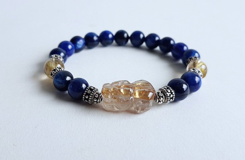 宝石系 金麟神兽 天然矿石 顺板钛豼貅 蓝晶石 925纯银 手链 - 手链/手环 - 宝石 蓝色