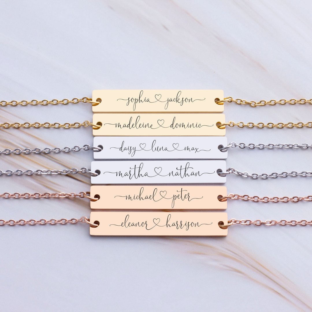 Personalized Name Tag Bar Necklace Customized Name Lover Gift For Him Couple - 项链 - 其他金属 银色