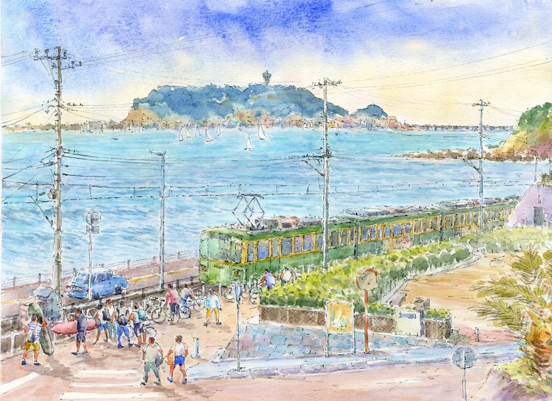 Custom-made watercolor original picture Enoshima and Enoden 15 - 海报/装饰画/版画 - 纸 蓝色
