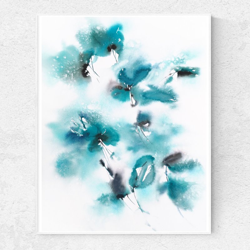 Minimalist floral painting Blue watercolor flower original art Abstract wall art - 海报/装饰画/版画 - 纸 蓝色