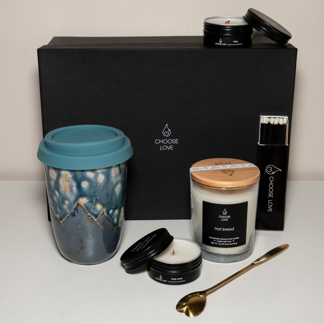 Ceramic travel mugs set, candle gift set, aroma gift set, Mug with lid ceramic - 花瓶/陶器 - 陶 