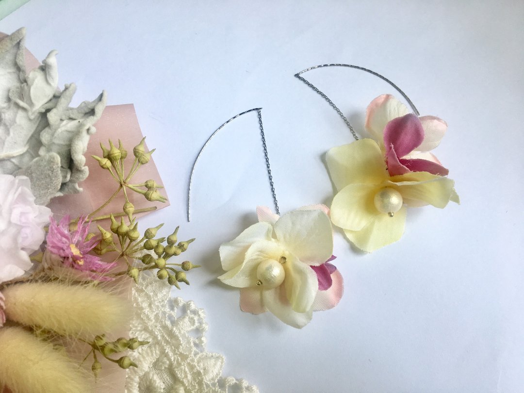 *My Fancy Handmade*珍珠花垂坠耳环 - 耳环/耳夹 - 尼龙 粉红色