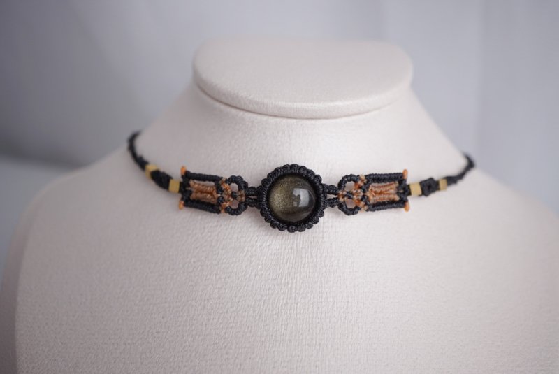 金曜石 蜡线编织颈绳 颈圈 - 颈链 - 宝石 黑色