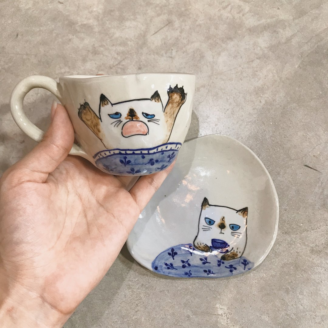 Handmade Thai cat coffee cup set / Siamese cat 06 - 咖啡壶/周边 - 陶 咖啡色