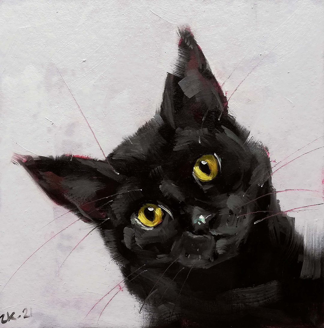 Black Cat Oil Painting Original Animal Art Pet Portrait MADE TO ORDER - 海报/装饰画/版画 - 其他材质 多色