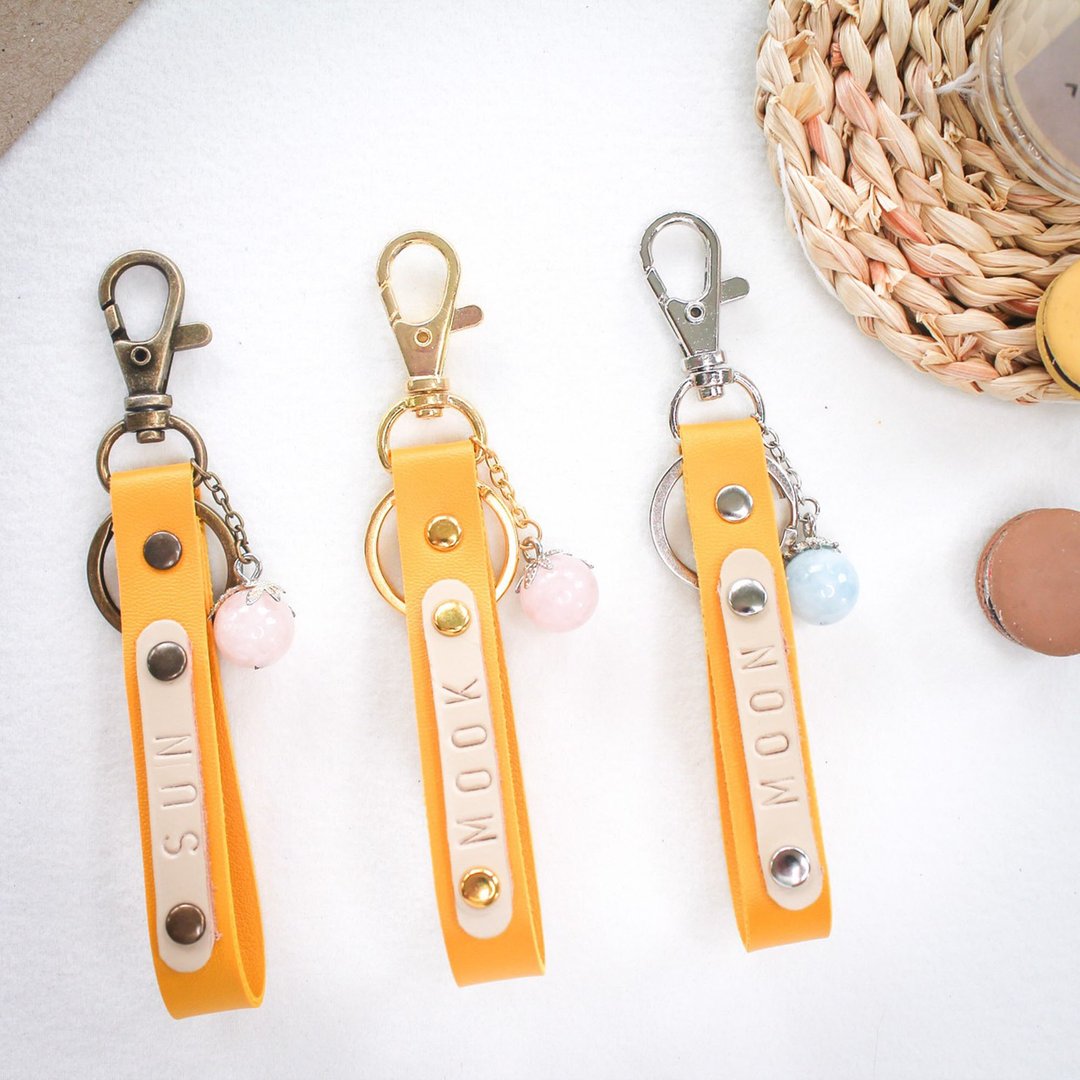 Yellow Leather Key Ring hand made with Lucky Stone - 吊饰 - 人造皮革 黄色