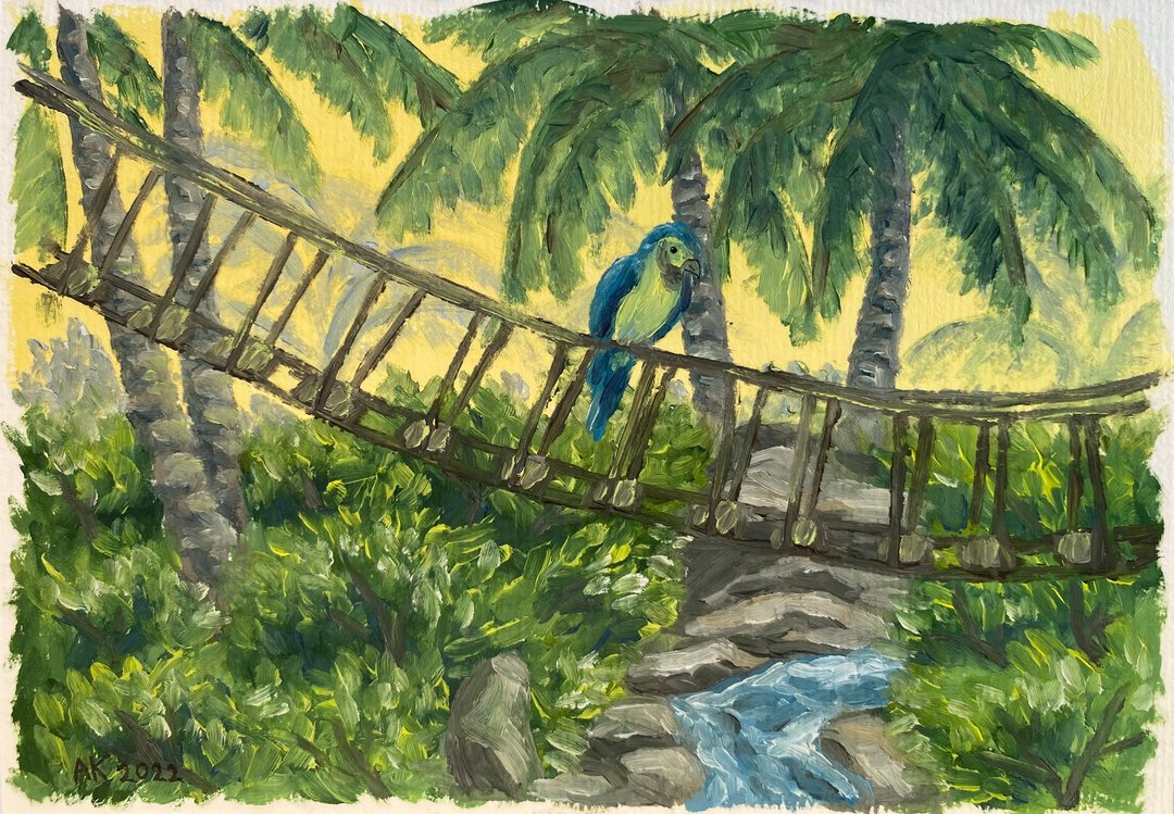 热带天堂油画，森林插画，阿拉鹦鹉，棕榈树，绿色 - 墙贴/壁贴 - 其他材质 绿色