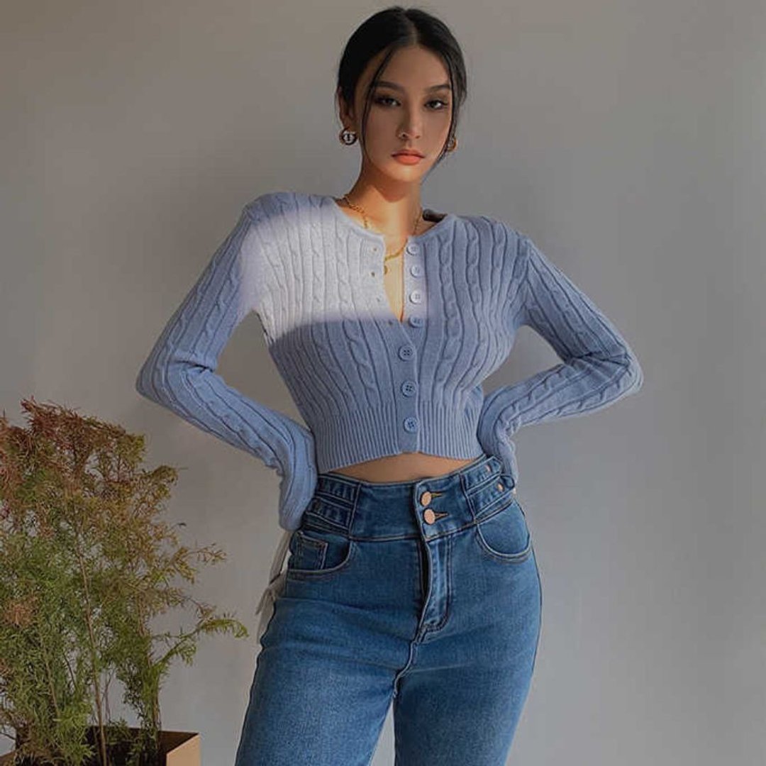 Blue Textured Y2K Long Sleeve Cardigan - 女装上衣 - 聚酯纤维 蓝色