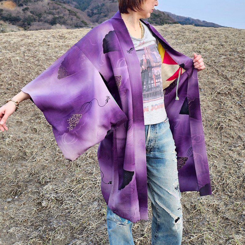 【日本制造】70年代复古双面穿羽织外套、丝绸和服外套、节日风格 - 女装休闲/机能外套 - 丝．绢 紫色