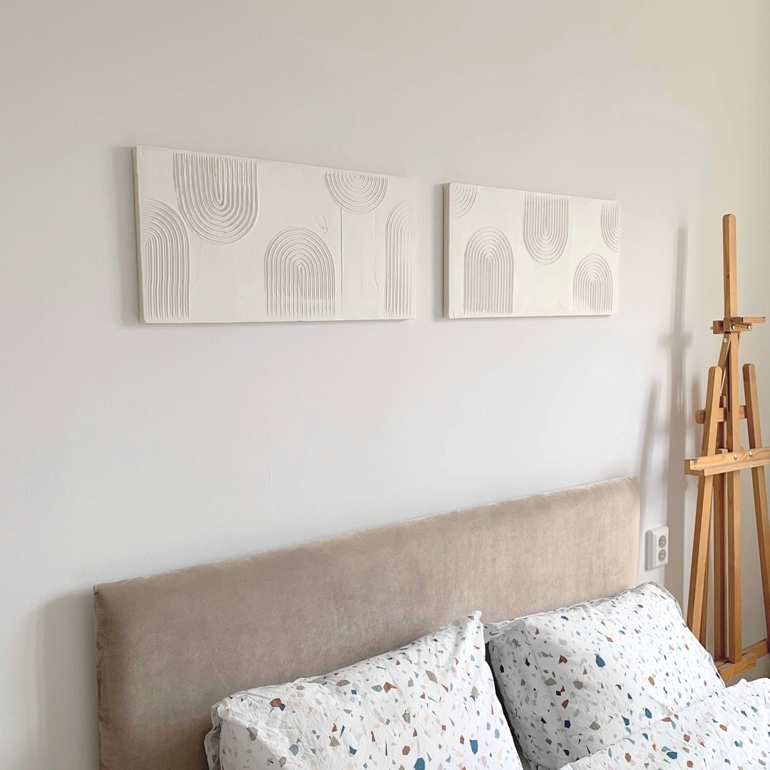Textured white abstract minimalist art 3D painting Sculptural diptych set - 墙贴/壁贴 - 水泥 白色
