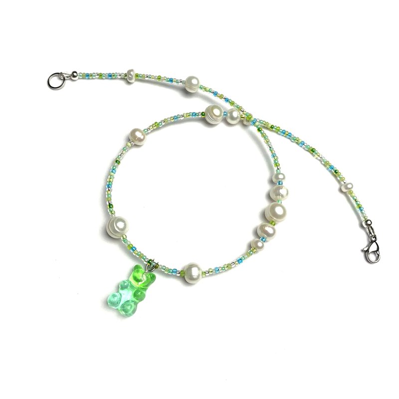 Green seed bead gummy bear choker Freshwater pearl necklace - 项链 - 珍珠 绿色