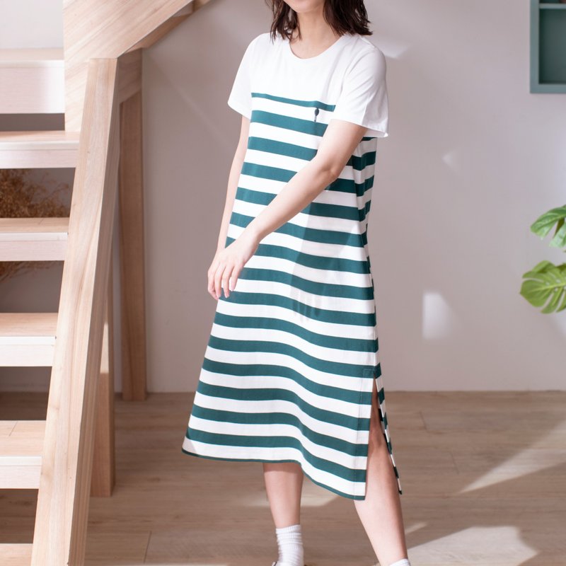 风格条纹长棉洋∣过膝洋装共2色。小A版型腰间口袋。不厚重不会透 - 洋装/连衣裙 - 棉．麻 