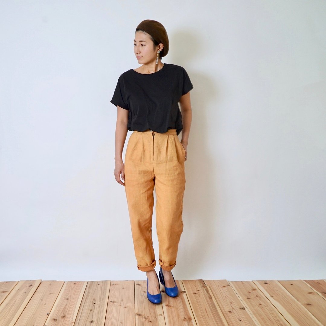 Loose tapered pants  yellow /Mikawa cotton100% / high waist /So_maru × uzu - 女装长裤 - 棉 黄色