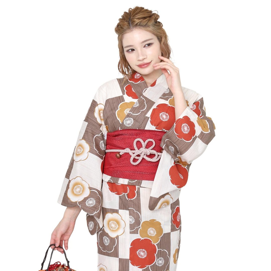 日本 和服 女性 两件式 浴衣 腰封 套组 F size x23h-13 - 其他 - 棉 红色