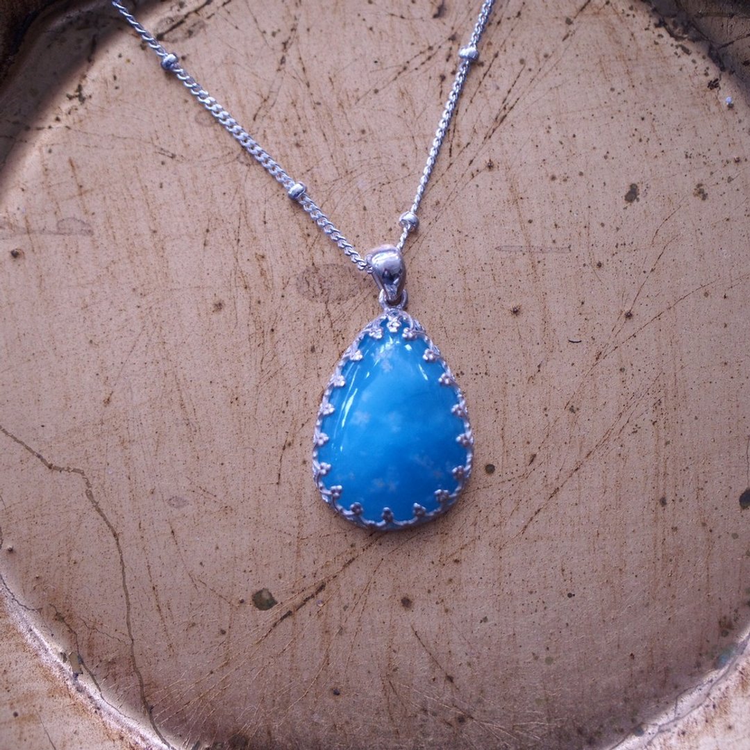 少见宝石 菱锌石 菱锌矿 手工纯银项链 Smithsonite Handmade - 项链 - 半宝石 蓝色