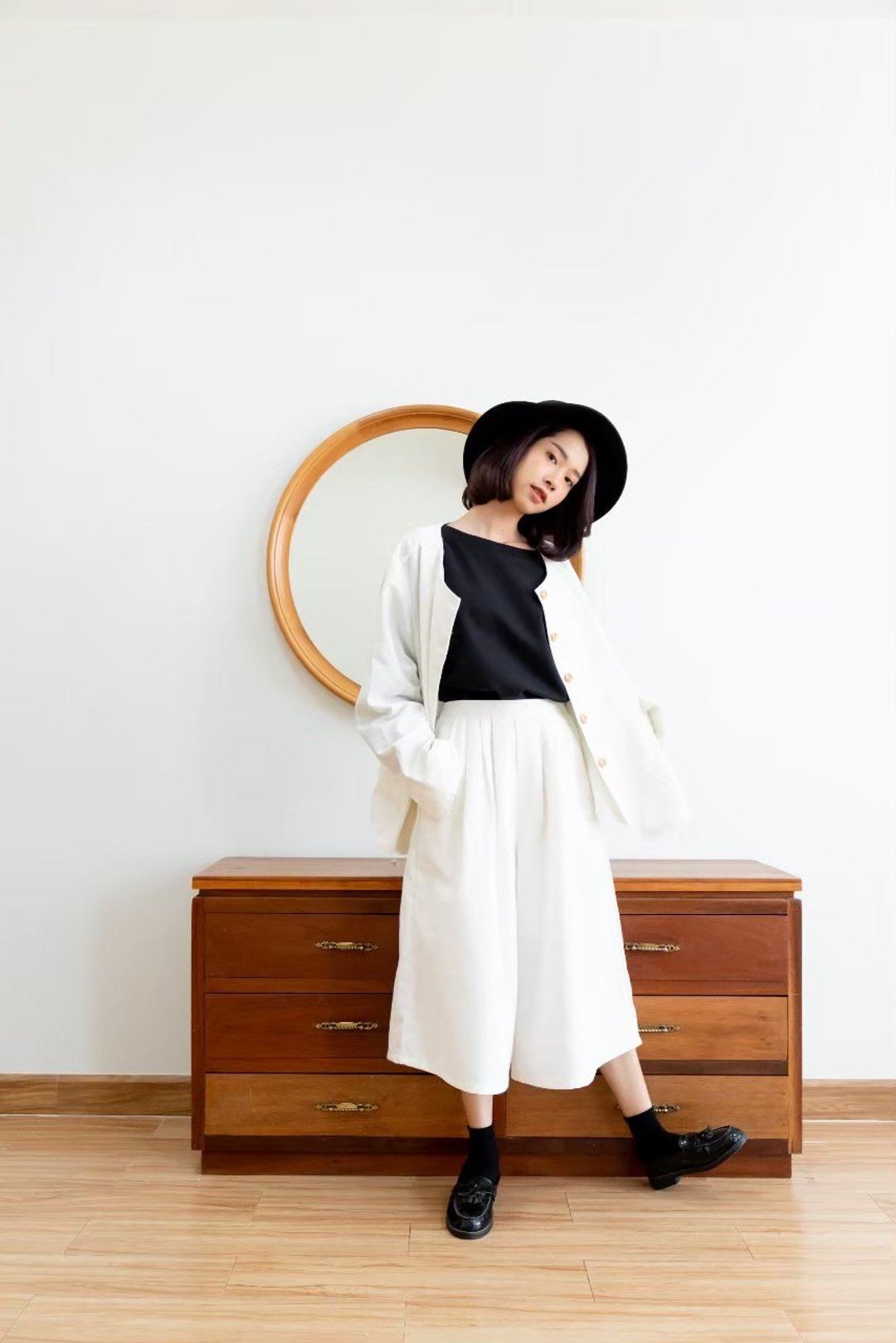 Good vibes set - White (Long sleeve top/Long sleeve shirt/Culottes pants - 女装上衣 - 棉 白色