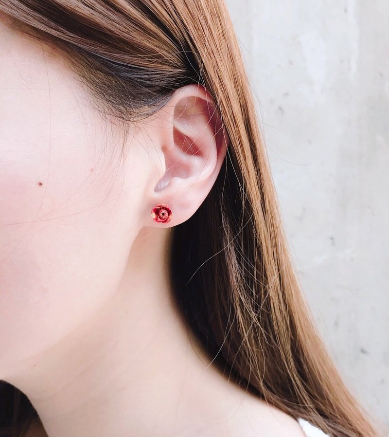 酒红玫瑰花渲染耳环 全手工耳环 耳夹 - 耳环/耳夹 - 其他材质 红色