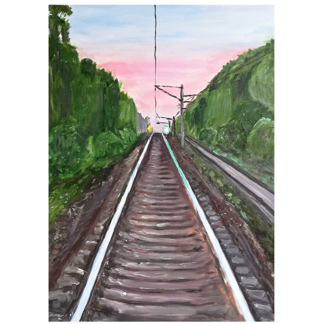 Railway Painting / Landscape Original Art /Sunset Oil Canvas Painting Home Decor - 海报/装饰画/版画 - 棉 多色