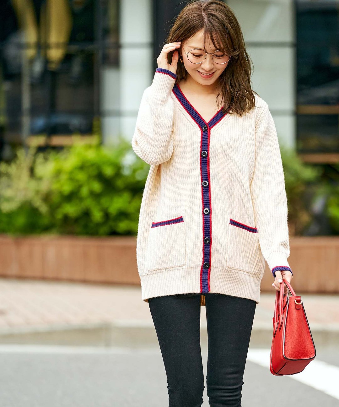 Cardigan knit bicolor design / and Cherim - 女装针织衫/毛衣 - 棉 白色