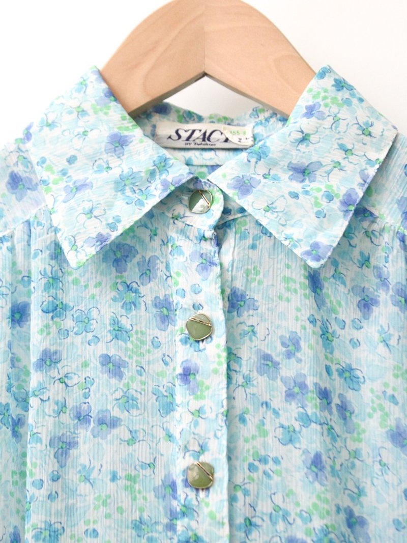 【RE1004D1470】早秋日本制复古清新碎花水蓝色短袖古着洋装 - 洋装/连衣裙 - 聚酯纤维 蓝色