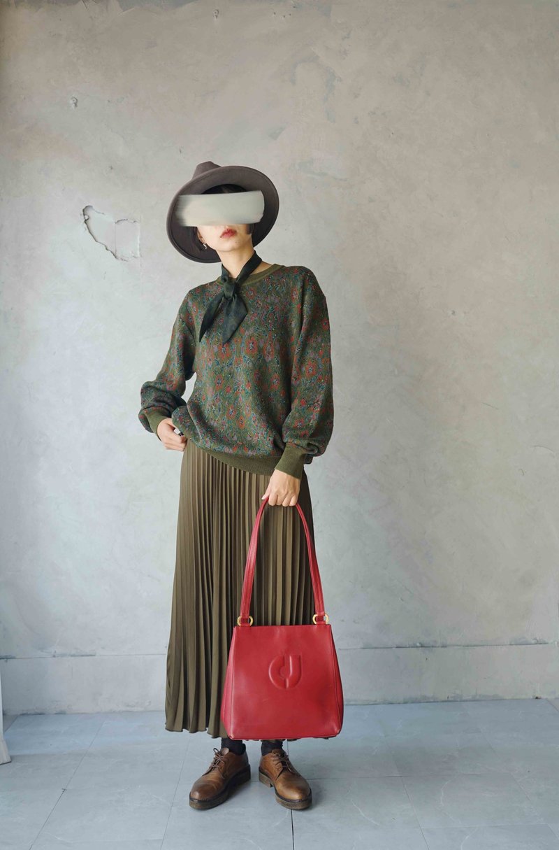 寻宝古着-DAKS复古祖母绿碎花缇花毛料针织毛衣 - 女装针织衫/毛衣 - 羊毛 绿色