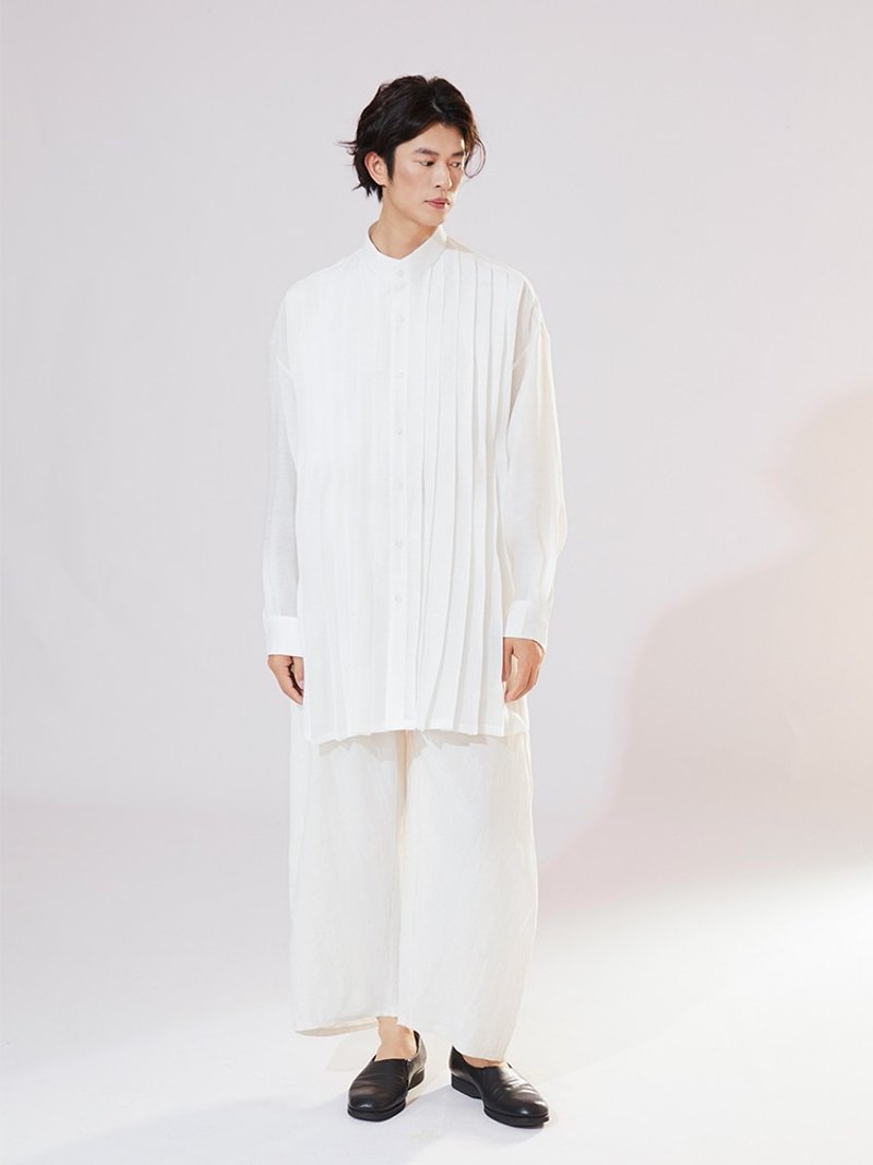 原创休闲设计感天丝麻阔腿裤男女夏季弧形褶皱长裤 - 男士长裤 - 其他材质 白色