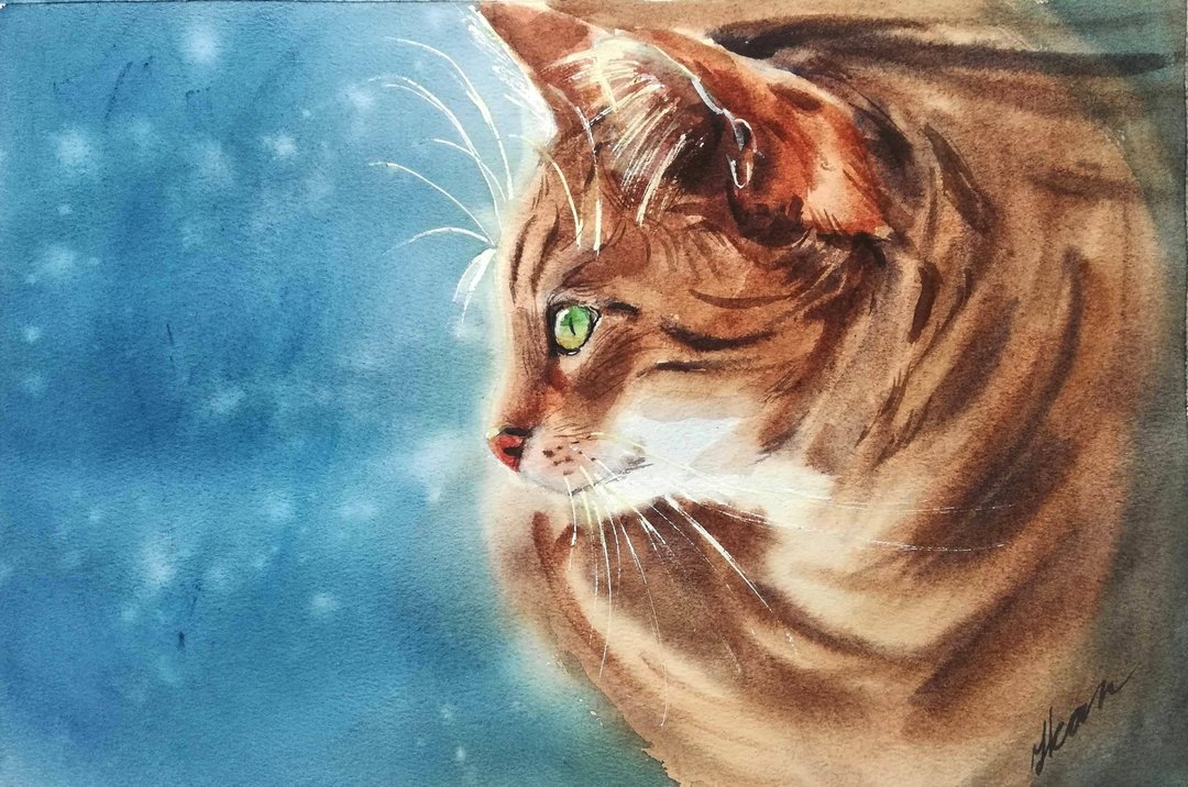Tabby Cat Painting Original Watercolor Art Pet Portrait Animal Wall Art Cat Art - 海报/装饰画/版画 - 纸 多色