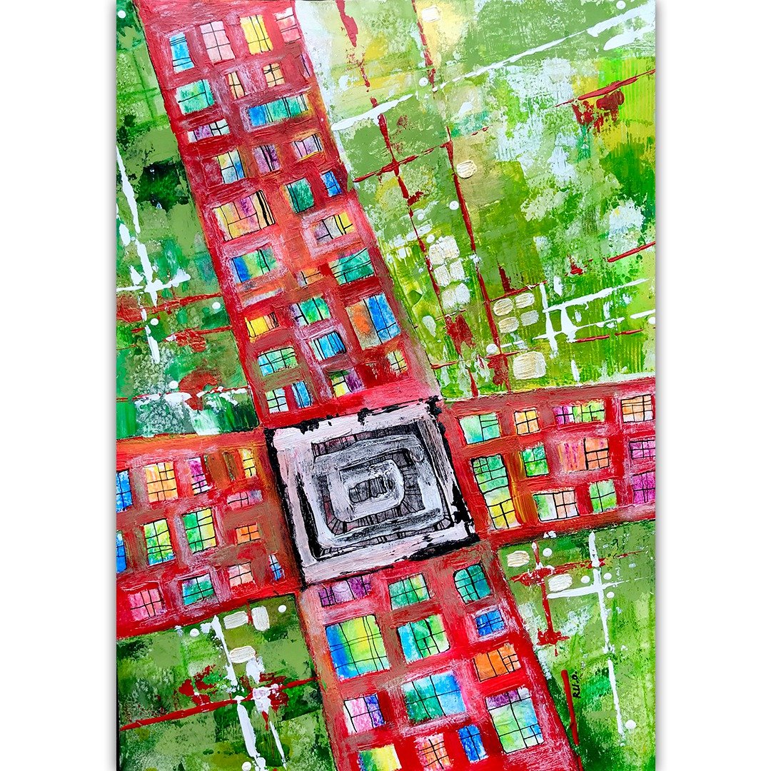 Skyscraper painting Abstract Original art Green red wall art by Rubinova - 海报/装饰画/版画 - 纸 多色