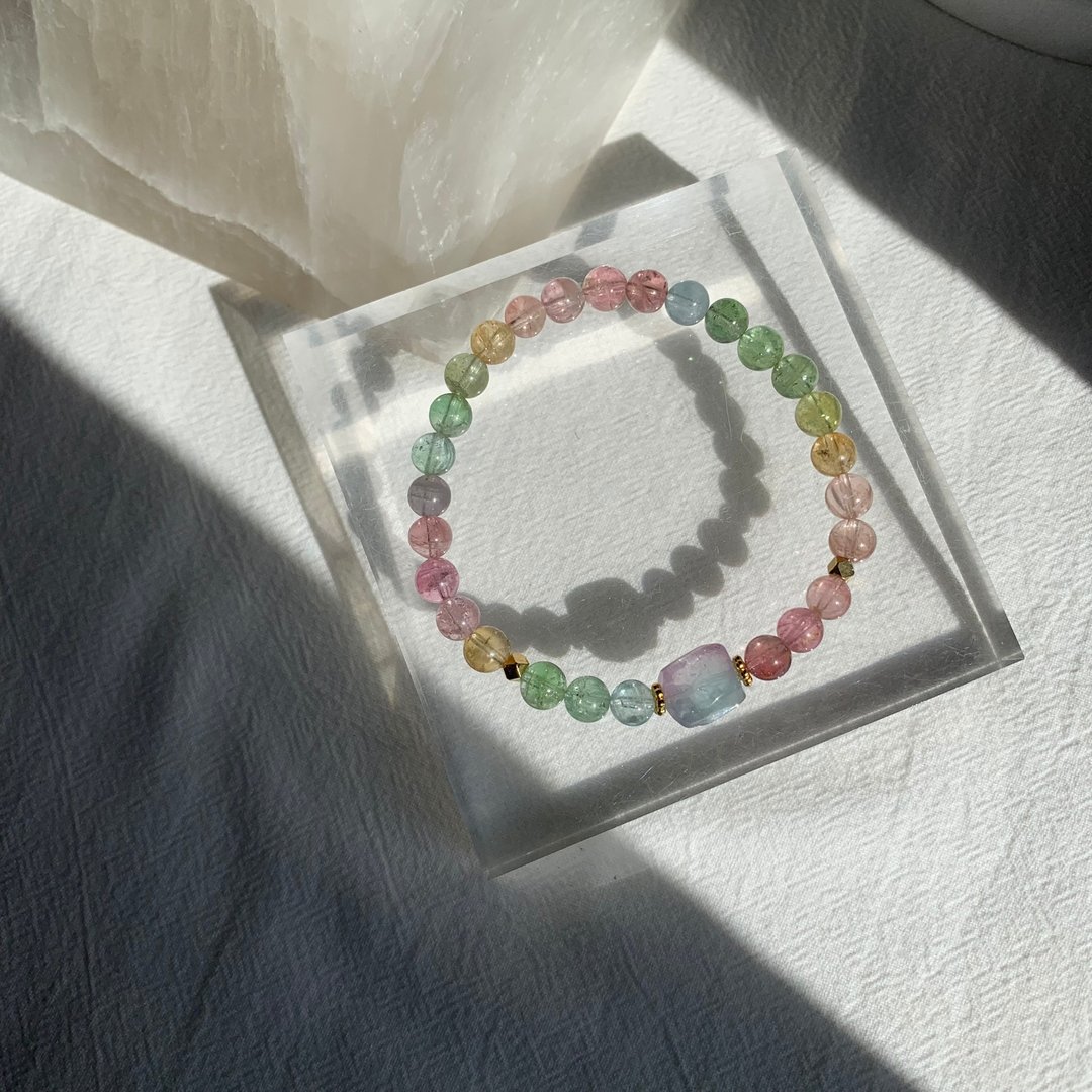 糖果色系 甜美彩虹配梦幻粉蓝原石碧玺手链 天然水晶设计 - 手链/手环 - 半宝石 多色