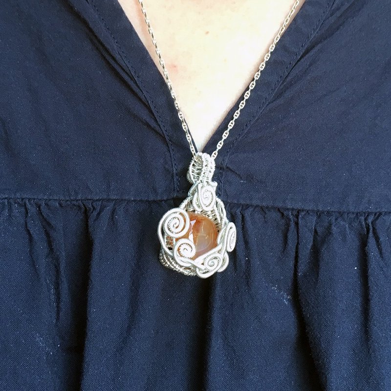 镀银线绕编坠饰项链~石来运转E款(橙色玛瑙)手作的诗手作设计单品 - 项链 - 半宝石 