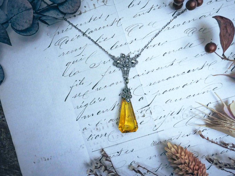 Art Deco 橙玻璃白铁矿花篮项链－英国古董首饰 Vintage Jewelry - 项链 - 银 