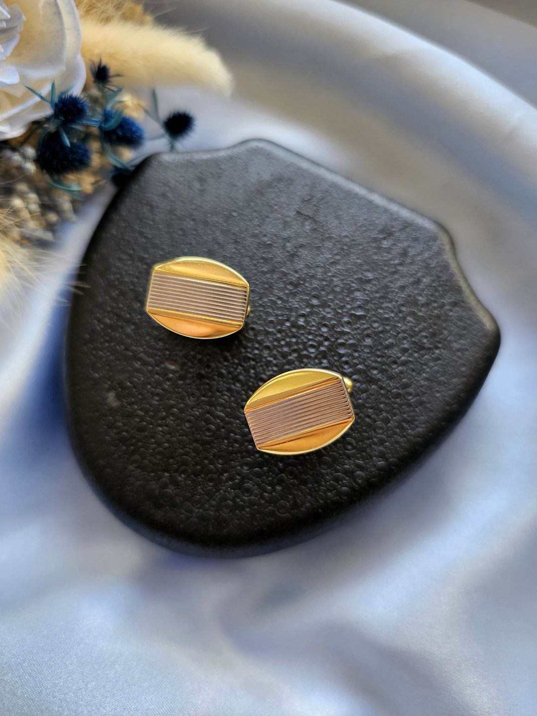 金色桶状银色线条绅士袖扣/男士珠宝vintage西洋古董饰品 - 袖扣 - 其他金属 