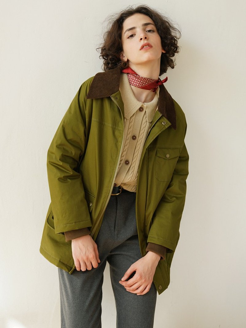 ECRU SOLI 素白已然 英伦风夹棉军绿灯芯绒保暖中长外套 - 女装休闲/机能外套 - 棉．麻 绿色