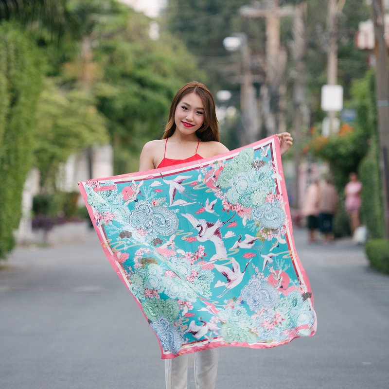 樱花与云中鹤 - （绿宝石色）手工印制围巾／丝巾(Blissfulness Scarf-Jade Green Colour (Scarf of Joy and long live)) - 丝巾 - 其他材质 绿色