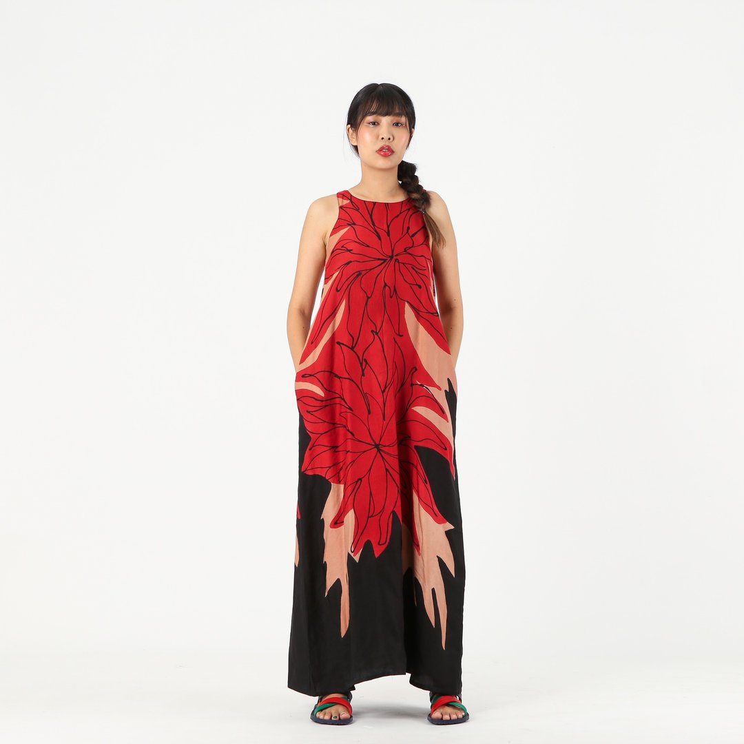 Long Dress Silk Linen Hand Paint Free Size - 洋装/连衣裙 - 棉 红色