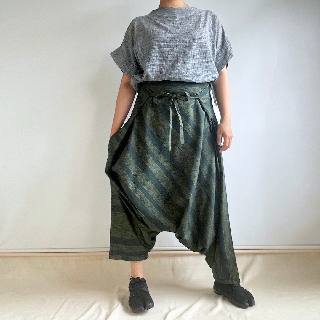 【独一无二】三角裤 - 丝绸和服布料 西阵织䌷 深绿色带黄色不规则条纹 - 中性裤装 - 棉 绿色