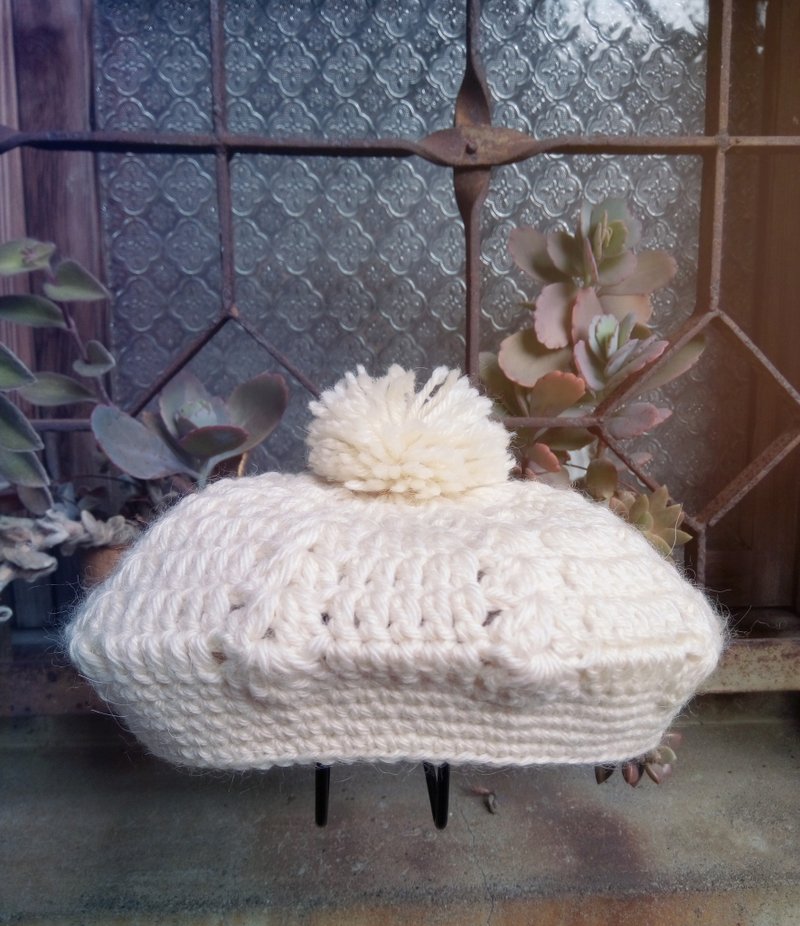 鈎织小童贝雷帽--冬日限定--小童画家帽 - 帽子 - 羊毛 白色